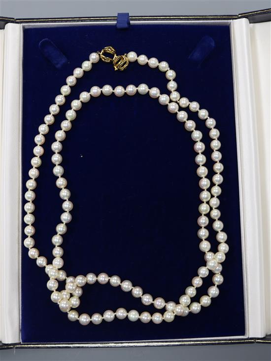 *A Mikimoto single strand cultured pearl necklace with 18ct gold clasp, with Mikimoto box, 36in.